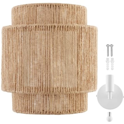tectake® Wandlamp Lignea Lux - 40W - 12 x 23 x 25,5 cm - E14 - Muurlamp voor Woonkamer, Slaapkamer, Eetkamer - Jute Lamp in Boho Stijl - Trapverlichting - Halfrond