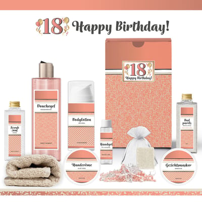 Geschenkset “18 Jaar, Happy Birthday!” - 9 producten - 790 gram | Luxe Cadeaubox voor haar - Wellness Pakket Vrouw - Giftset Vriendin - Cadeaupakket Collega - Cadeau Zus - Verjaardag - Gefeliciteerd Cadeau - Goud - Zalmroze