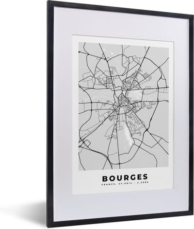 Fotolijst incl. Poster - Kaart - Stadskaart - Bourges - Plattegrond - Frankrijk - 30x40 cm - Posterlijst
