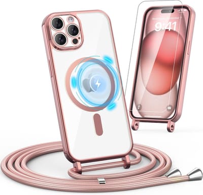Casemania Hoesje en Glas Geschikt voor Apple iPhone 16 Pro - Roze - Siliconen Back Cover met Koord Geschikt voor Magsafe + Glazen Screenprotector - Telefoonhoesje met Koord - Crossbody Lanyard Cord Case