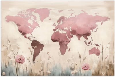 Poster 180x120 cm - Wereldkaart - Roze - Bloemen - Posters - Kamer decoratie - Wanddecoratie woonkamer - Muurdecoratie slaapkamer XXL