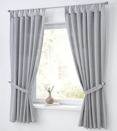 Cottage Curtain and Curtain Holder White Grey Checkered with Loops, Pure Cotton, Country House Curtain Kitchen Width - ShopVlot
