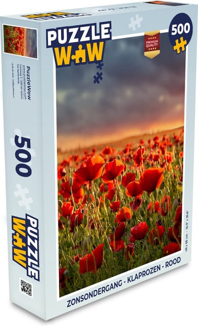 Puzzel Zonsondergang - Klaprozen - Rood - Bloemen - Veld - Natuur - Legpuzzel - Puzzel 500 stukjes