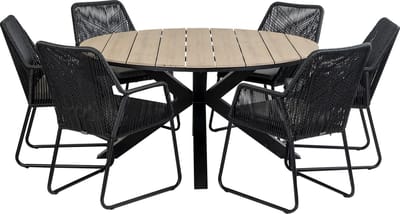 7-delige ronde tuinset | 6 Mona tuinstoelen (Black) | ⌀150cm Cyprus tuintafel (Wood)