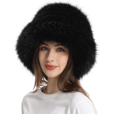 Warme vissershoed voor dames met brede rand, verdikt imitatiebont, vossenbont, basinhoed, effen kleur, pluche hoed One size black