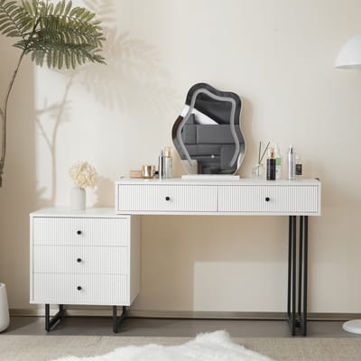 DESMIU Make-uptafel Met Verlichte Spiegel, Dimbare Led En Veel Opbergruimte Voor Slaapkamer En Kleedruimte, Wit Spaanplaat, 100 X 40 X 76 Cm