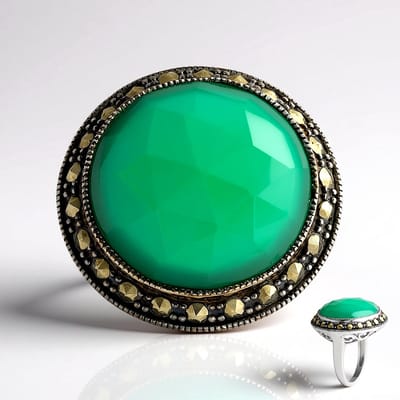 Cavill - Elegante Ronde Ring 925 Sterling Zilver Gerhodineerd - Groene Agaat 11,475 ct - Peruaanse Marcasiet 0,733 ct - Exclusieve Edelsteen Sieraden