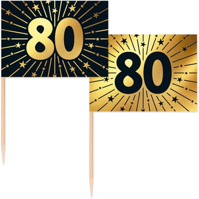 50 Vlagprikkers goud / zwart 80 jaar - Golden Celebrations - Hapjes Cocktailprikkers Tapas Prikkers Feestje