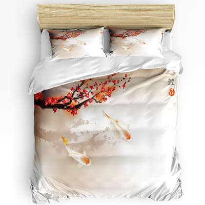 Japanse Geisha Karper Esdoornblad 3-delig Beddengoed Set Voor Slaapkamer Tweepersoonsbed Thuis Textiel Dekbedovertrek Dekbedovertrek Kussensloop AU King(245x210cm)