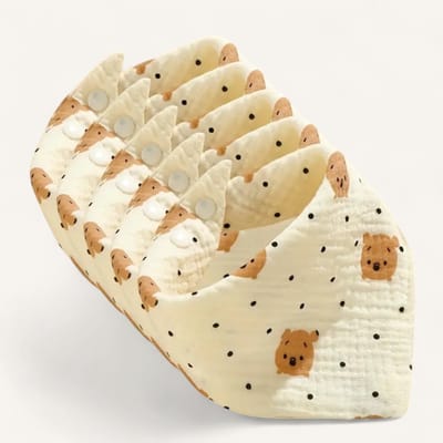 Ultiluxe® Hydrofiele doeken beren/stippen - 5 stuks - Beige/geel - Zacht katoen - Bandana slabbetjes - Met drukknoop sluiting - Schattige baby spuugdoeken - Spuugdoekjes - Hydrofiel - Verstelbaar - 5-delige set