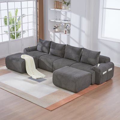 4-Zits Bank, U-Bank, Modulaire Corduroy Bank voor 4 Personen (met 2 Krukken), vrij te Combineren, Inclusief Bekerhouder en Opbergtas aan de Zijkant, Ideaal voor Woonkamers, Familiekamers en Andere Ruimtes-Donkergrijs