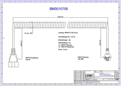 CEE 7/7 (haaks) - CEE 7/3 (recht) stroom spiraal verlengkabel - 3x 1,50mm / zwart - 4 meter
