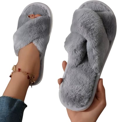 Dames Pluizige Slippers – Warm, Lichtgewicht en Comfortabel – Open Teen Fluffy Slides met Platte Hakken – Antislip Schoenen voor Herfst en Winter Thuis – Maat 37- grijs