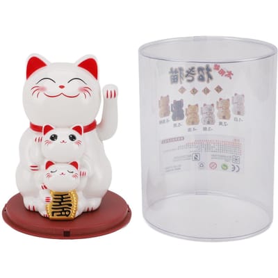 Ornement Chat Souriant à Énergie Solaire 4,5 pouces Ornement Chat Porte-Bonheur Agitant la Main Automatiquement pour Voiture Bureau blanc