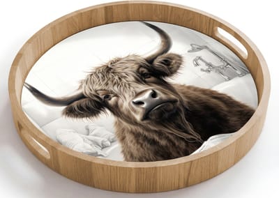 Dienblad rond 40x40 cm - Schootdienblad hout - Schotse hooglander - Badkuip - Badkamer - Krant - Borrelplank rechthoek - Plateau houten dienbladen