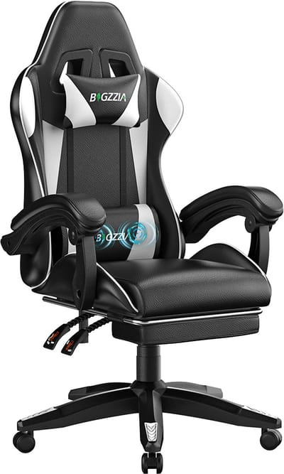 BIGZZIA Gamingstoel - Ergonomische gamestoel - Lendenkussen met massagefunctie - Hoofdsteun en voetsteun - 90°-135° verstelbaar - In hoogte verstelbaar - Draagvermogen 136 kg - zwart en Wit​