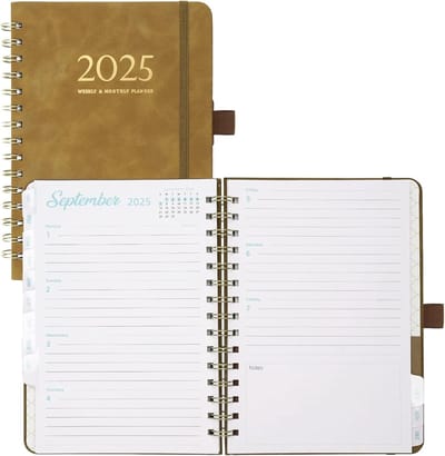 Weekly Planner - Daily Calendar - 2025 - 12 Months - School - Family - Work - Soft Cover - Vegan Leather - Thick Paper - 21.5 x 15.5 cm - Brown