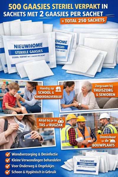 500 steriele gaasjes - gaas kompressen – 20x20 gevouwen in 10x10 cm - non woven - desinfectie of sterilisatie Verpakt in enveloppen van 2 stuks per envelop
