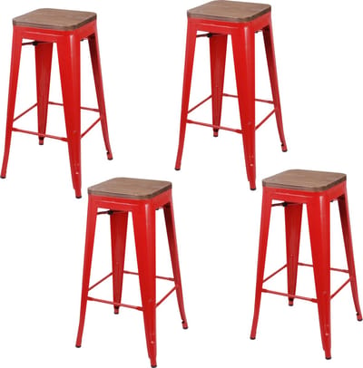 Set van 4 Urban Living - Barkrukken met Metalen Frame en Houten Zitting Rood - Industrieel Design Barkruk