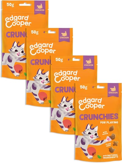 Edgard Cooper natuurlijke kattensnoepjes, Cruchies Kip 4 x 50g zak, graanvrij en boordevol vers vlees, met toegevoegde kattenkruid om mee te spelen, natuurlijke ingrediënten zonder toegevoegde suiker