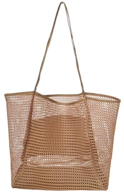 Grote Mesh Strandtas Shopper - Khaki - Met ritsvak - Geschikt voor strand, reizen en winkelen