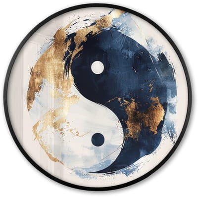 Poster in lijst Rond - Fotolijst 60x60 cm - Posters - Yin Yang - Abstract - Zwart - Wit - Goud - Ronde posterlijst zwart - Decoratie - Wanddecoratie woonkamer - Muurdecoratie slaapkamer