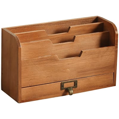 Organisateur de Bureau Étagère de Rangement Organisateur de Bureau en Bois avec Tiroir pour Ranger Timbres Notes Trombonnes Ciseaux brown
