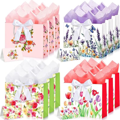 Papieren Geschenkzakken - Cadeautasjes Verpakking - Geschenken Presenteren - Compleet met Lint Kaarten - 12 stuks 33 cm - Veelkleurig