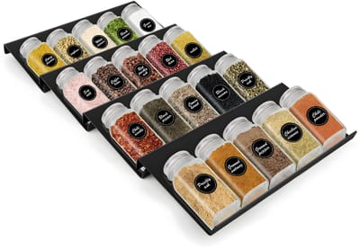 QORA® Kruidenpotjes - Kruidenrek Lade - Kruidenrek Lade Met Potjes - Kruidenrek Lade Organizer - Kruidenrek Voor Lade - Zwart - 6cm x 18cm x 32cm