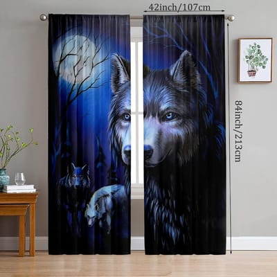 2 stuks - Ronde Maan Grijze Wolf Polyester gordijnen, badkamer, slaapkamer, woonkamer en huis kamer decoratieve gordijnen 14Wx39L(35x100CM)x2 blue