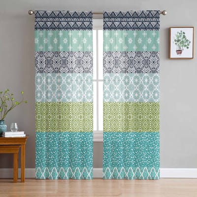 Waterverf Boheemse Stijl Etnische Stijl Batik Tribale Kunst Raam Tule Gordijnen Woonkamer Hotel Luxe Decoratie Doorzichtige Gordijnen 135W x 114H(cm)