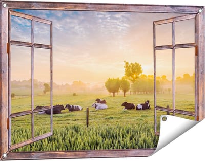 Gards Tuinposter Doorkijk Koeien in de Wei tijdens Zonsopgang - 90x60 cm - Tuindoek - Tuindecoratie - Wanddecoratie buiten - Tuinschilderij