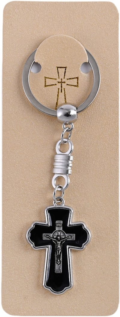 Decopatent - Sleutelhanger Houten Kruis Jezus - Religieuze Keychain with Cross - Christelijk Houten kerk Kruisje - Religie - Faith - Kruizen - Hout / Metaal - Christendom - Zwart