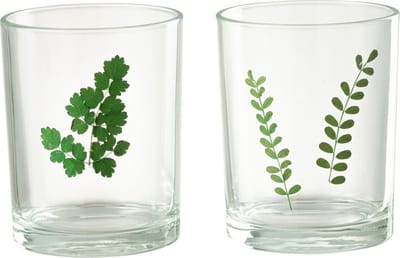 J-Line windlicht Bladeren - glas - groen/transparant - 2 stuks