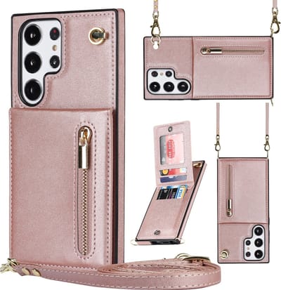 Stravo Samsung Galaxy S23 Plus Portemonnee Hoesje met Rits, Kaarthouder en Crossbody Lanyard Tas [Afneembare Schouderriem] met Kickstand - Rosé goud