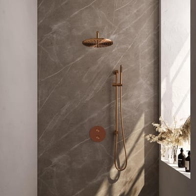 Brauer Copper Edition thermostatische inbouw regendouche 3-weg rond SET 88 met 30 cm douchekop en gebogen muurarm en staaf handdouche en doucheslang en geïntegreerde glijstang koper geborsteld PVD