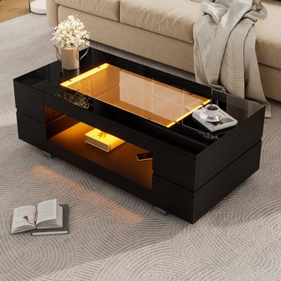 DESMIU Salontafel – LED Verlichting Met App En Afstandsbediening – Modern Voor Woonkamer En Feest – Spaanplaat En Gehard Glas – 100 X 50 X 35 Cm – Zwart
