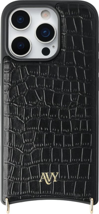 AVY Leren Hoesje geschikt voor Apple iPhone 16 Pro | Compatibel met MagSafe | Leather Case | Back Cover | Haakjes voor koord | Croco Zwart