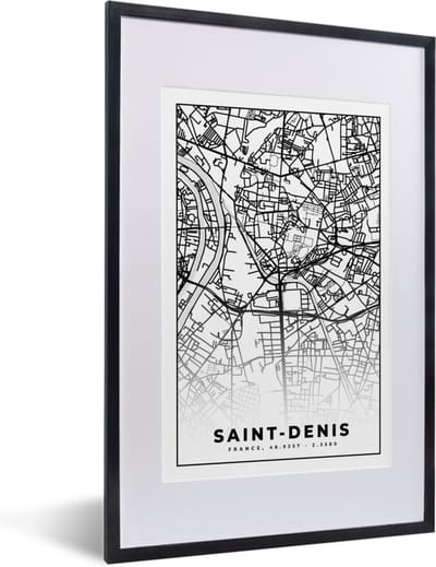 Fotolijst incl. Poster Zwart Wit- Plattegrond - Kaart - Frankrijk - Saint-Denis - Stadskaart - Zwart wit - 40x60 cm - Posterlijst