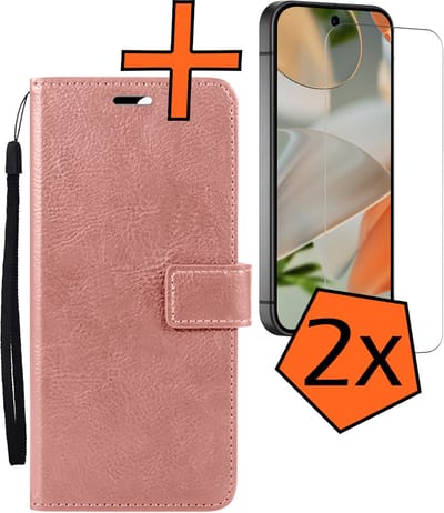 Hoes - Met 2x Screenprotector - Geschikt voor Google Pixel 10 - Luxe Pasjeshouder - Bookcase Portemonee - Flip Case - Kunstleer Book Case - Flipcase Hoes - Book Cover - Walletcase - PortemonneeHoes - Rosé goud