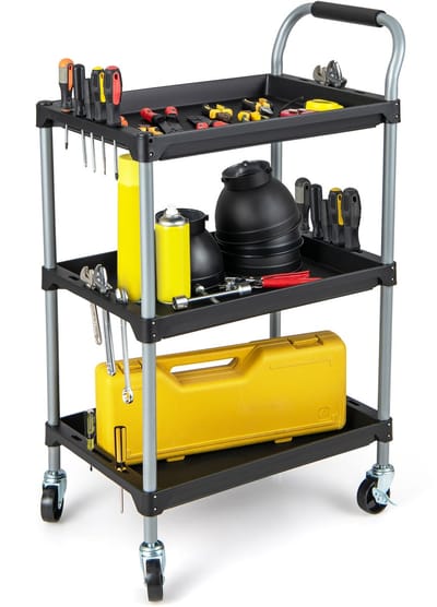 COSTWAY Rolwagen, werkplaatswagen met 3 etages, mobiele gereedschapswagen met gevoerde handgreep en wielen, transportwagen voor garage, magazijn, keuken, 64 x 40 x 102 cm