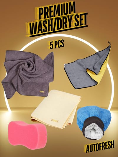 AutoFresh- Auto Wassen- Auto Afdrogen Voertuig Glasreiniging 5-delige Compleet Set - Dikke Microfiber Doek 50x70 cm- Autowas Spons - Autowas Handschoen -Dubbellaags Microvezel Auto Droogdoek 30x60 cm - Zeemleer Autodoek 50x70cm