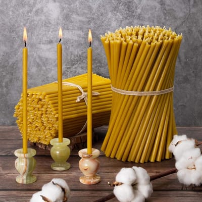 Candala bijenwaskaarsen,, honing, 100 stuks, hoogwaardige rituele kaarsen, L-16,5 cm Ø-5,7 mm, 50 minuten brandduur in geel, 400 g dunne kaarsen, druppel- en rookvrij