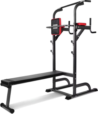 Mobiclinic Domifit - Krachtstation met trainingsbank - Power Tower - Pull Up Station - Fitnessbank - Dip Station - Halterbank - Pull Up Bar - Hometrainer - Verstelbare hoogte - Antislip - Opvouwbaar - Multifunctioneel