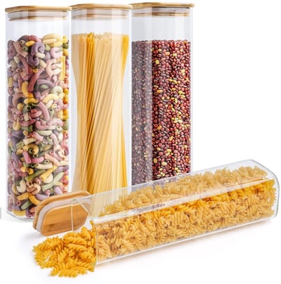 Dailygoods- Voorraadpot Extra Robuust - Vierkant - 4 x 1,4 l - Luchtdicht - Glazen Pot - Voedselbewaarcontainer - Voedselopbergcontainers