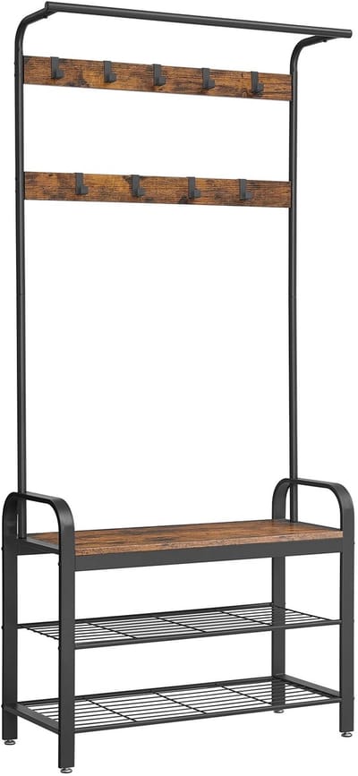 Noventra - kapstok - kapstok met schoenrek - kledingrek - schoenrek - 9 haken - vintage bruin - zwart - modern design