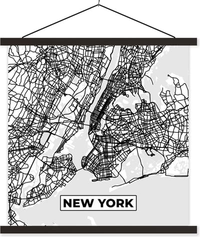 Posterhanger incl. Poster 60x60 cm - Schoolplaat - Stadskaart - Plattegrond - New York - Kaart - Zwart Wit - Textielposter - Zwarte latten - Stadskaart