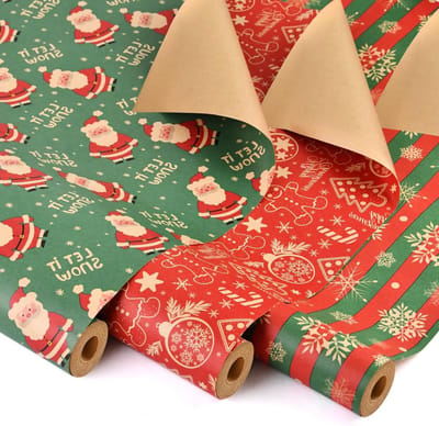 3 Rollen Kerst Inpakpapier, 43cm x 10M, Recyclebaar Kraftpapier voor Cadeaus, Feestdecoraties en Verjaardagen