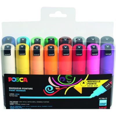 Wit - Zwart x 2 - Geel - Roze - Rood - Donkerblauw - Lichtblauw - Donkergroen - Lichtgroen - Grijs - Bruin - Oranje - Donkeroranje - Paars - Zalmroze set van 16 verfstift op waterbasiss met conische punt breed