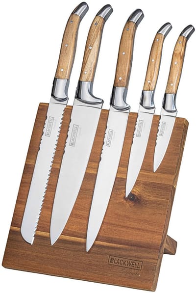 Blackwell Messenblok Laguiole Olijfhout Bruin 6-delig - Koksmes, Broodmes, Vleesmes, Officemes & Schilmes - Magnetisch